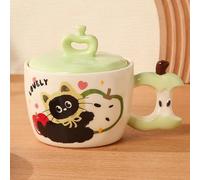 Mug Pomme Rouge avec Couvercle et Cuillère, Tasse de Voyage, Tasse à Thé en Céramique 3D Mignonne, Ensemble, Motif Dessin Animé Amusant, Cadeau D'anniversaire Femmes Amoureuses(Green)