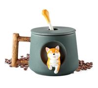 Mug pour - à café en céramique en forme de de 420 ml avec couvercle et cuillère, cadeau fantaisie pour les amoureux des animaux | jolie à en céramique, verres de grande c pour dimensionnelle -