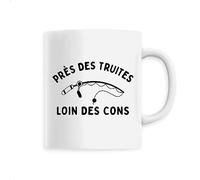 Mug Près des truites, loin des cons - Imprimé en France - Tasse originale en céramique - Cadeau Humour pêche original rigolo (Blanc)