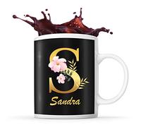 Mug Sandra | Tasse prénom femme fond noir avec Lettre fleur | Idée cadeau pour anniversaire noël et fête des mères
