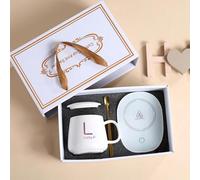 Mug Set Cadeau Blanc Mug à café avec cuillère Cadeau Café Thé Mug Set Chauffe-plat Moderne Bureau Idée Cadeau