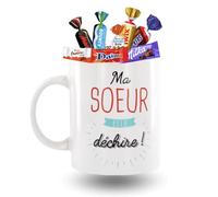 Mug "Soeur" garni d'un assortiment de 20 bonbons au chocolat KINDER, CELEBRATIONS, TOBLERONE, MILKA, DAIM | Coffret Cadeau Original Prêt à Offrir