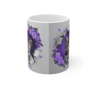 Mug Tasse Animal Chat Chaton et Fleurs Violettes - Élégance Féline et Florale pour enfants et adultes Taille 11oz