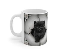 Mug Tasse Animal Chat Chaton Noir et Roses Blanches - Élégance et Mystère Félin Taille 11oz