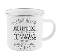 Mug Tasse Rétro en métal émaillé imprimé citation humour C'est compliqué d'etre une princesse et une connasse a la fois ref 2342