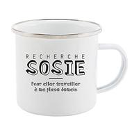 Mug Tasse Rétro en métal émaillé imprimé citation humour Recherche sosie pour aller travailler à ma place ref 2544