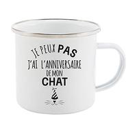 Mug Tasse Rétro en métal émaillé imprimé citation Je peux pas j'ai l'anniversaire de mon chat ref 2806