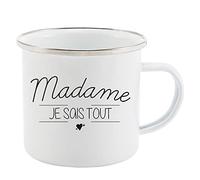 Mug Tasse Rétro en métal émaillé imprimé citation Madame je sais tout ref 2215