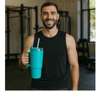Mug Thermique 1100ml avec Paille et Poignée - Étanche et Lavable - Couleur Bleu