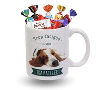Mug “Trop Fatigué pour Travailler” garni de 15 Chocolats CELEBRATIONS MILKA KINDER DAIM - Coffret Cadeau Original Anniversaire Fête - Lave-Vaisselle & Micro-Ondes