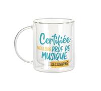 Mug Verre Double Paroi - Certifiée meilleure prof de musique de l'univers Instrument Rock Jazz Classique Conservatoire - Tasse a Cafe et The Isotherme 330ml Effet Suspendu Anti-Brulure Imprime en