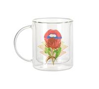 Mug Verre Double Paroi - Fleurs Levres Botanique Collage Nature Fleurs Vintage Illustration Formes Geometrique Zoomer Streetweat - Tasse a Cafe et The Isotherme 330ml Effet Suspendu Anti-Brulure