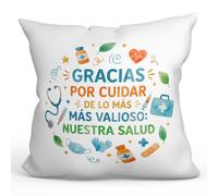 Mugffins Coussin avec Rembourrage avec Texte Gracias por cuidar de lo más valioso: Nuestra salud en Espagnol | 40x40cm Polyester | sanitarios v4
