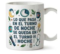Mugffins mug avec texte Lo que pasa en el turno de noche se queda en el turno de noche en Espagnol pour soignants 330 ml/11 oz | Cadeau original infirmier | sanitarios v3