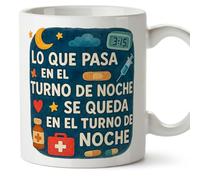 Mugffins mug avec texte Lo que pasa en el turno de noche se queda en el turno de noche en Espagnol pour soignants 330 ml/11 oz | Cadeau original infirmier | sanitarios v2