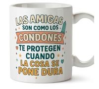 Mugffins mug drôle amitié avec texte Las amigas son como los condones te protegen cuando la cosa se pone dura en Espagnol 330 ml/11 oz | Cadeau original copine | BFF v2