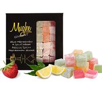 Mughe Gourmet Loukoums Boîte élégante de bonbons délice turcs - 370g - Halal, vegan - Saveurs de fruits : rose, fraise, citron, orange, menthe - Cadeaux pour occasions spéciales, fête des pères