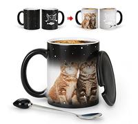 MUGKISS Tasse à café à changement de couleur de 325 ml - Le poisson est délicieux - Tasse à café en forme de chat avec couvercle noir et cuillère