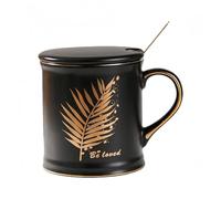 Mugs Et Tasses À Café Cette Tasse Céramique Noire Blanche Mate De 350 Ml Avec Couvercle Cuillère Est Idéale Pour Servir Du Lait Des Desserts Parfaite La Maison Le Bureau Motif Feuille Palmier Noire