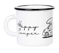 MUGSY Tasse en émail Happy Camper avec motif camping-car, 330 ml, tasse de camping, incassable, blanche