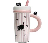 Mugtide Tasse en Céramique, avec de Jolies Petites Choses à l'intérieur du Couvercle, Tasse à Eau avec Couvercle, Paille, Jolie Tasse à Café, Idéale Comme Cadeau Familial, 800 ML (Chat)
