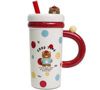 Mugtide Tasse en Céramique, avec de Jolies Petites Choses à l'intérieur du Couvercle, Tasse à Eau avec Couvercle, Paille, Jolie Tasse à Café, Idéale Comme Cadeau Familial, 800 ML (Ours)