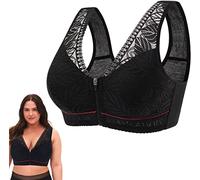 MUGUOY Comfort Wireless Front Close Bra,Ultra-Thin Front Zip U-Back Bra,Plus Size Elastic Push Up Lace Bra Breathable Soft,Full Coverage Non Padded Wire-Free Bra for Women. (44, Noir)