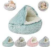 MUGUOY Cozy Cocoon Calming Dog Bed, Calming Cocoon Pet Beds for Small Dogs Cats Pets, Round Plush Fluffy Hooded Cave, Anti-Slip Bottom Washable Pet Sleeping Bag (80CM,Blue)