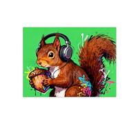 MUHJDYC Animaux Tableau Murale - Écureuil Écoute musique - Impressions sur Toile - Colorée Peinture - Moderne Affiche Décoration Salon 50x65cm Sans Cadre