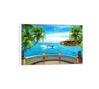 MUHJDYC Paysage Affiche-Oiseau Terrasse Mer-Nature Impression sur Toile-Cadre Blanc Tableau Decoration Murale Salon Chambre Salle de Bain 60x90cm