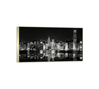 MUHJDYC Paysage Urbain Impression sur Toile-Bâtiments Lac Ville Nuit-Cadre Argenté Panoramique Tableau Decoration Murale Salon Chambre Bureau 20x35cm