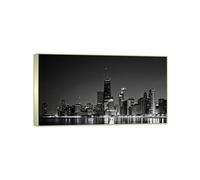 MUHJDYC Paysage Urbain Impression sur Toile-Ville Nuit Bâtiments-Cadre Argenté Panoramique Tableau Decoration Murale Salon Chambre Bureau 40x70cm