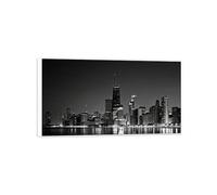 MUHJDYC Paysage Urbain Impression sur Toile-Ville Nuit Bâtiments-Cadre Blanc Panoramique Tableau Decoration Murale Salon Chambre Bureau 30x55cm