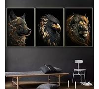 Muholin Lot de 3 affiches représentant un loup doré,un aigle doré,un lion,une toile murale,pour décoration de salon ou de chambre à coucher 50x70cmx3 sans cadre