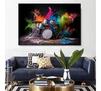 Muholin Peinture sur toile représentant une batterie avec de la fumée colorée,instrument de musique,décoration murale pour bureau et salon 50x70cm sans cadre