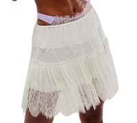 Muineobuka Mini jupe en dentelle plissée à volants pour femme, blanc, X-Large