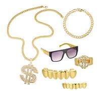 Mujahid Accessoires pour homme des années 80 et 90 - Kit de costume hip-hop, lunettes de soleil de rappeur de vieille école, bracelet en corde dorée synthétique, signe dollar avec chaîne, bague Kanji