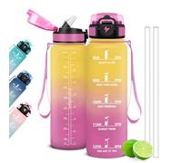 Mujigaga Gourde Motivation - 1L - Gourde Graduée pour 1 Journee, avec Paille, Bouteille d'Eau Heure, Étanche, Bouteille d'Eau pour Fitness, Sport, l'école, Randonnée, Voyage