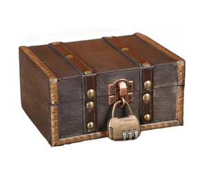 Mujiluxe Caisse de trésor en bois vintage, boîte de pirate, coffre de trésor avec serrure combinée, rangement en bois, pour cadeaux de stockage et de décoration, 15 x 12,5 x 7,5 cm, marron rétro