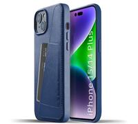 Mujjo Coque en Cuir Portefeuille pour iPhone 14/15 Plus - Bleu
