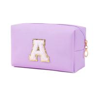Muka Petite trousse de maquillage avec lettre, petite pochette de voyage en cuir PU, sac à cosmétiques Preppy Chenille Lettres - Violet-J