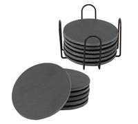 MUKCHAP Lot de 12 dessous de verre ronds en ardoise avec support, en pierre noire, 10 cm