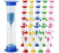 MUKCHAP Lot de 30 sabliers colorés de 8,6 cm, 1 minute, 6 couleurs, mini sablier en plastique, jeu de gestion du temps, compte à rebours, jaune, rouge, bleu, vert, rose