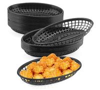 MUKCHAP Lot de 40 paniers de restauration rapide ovales en plastique noir, 23 x 14 x 4 cm, paniers de service en plastique pour frites, sandwichs, hamburgers