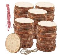 MUKCHAP Lot de 50 tranches de bois brut de 9 à 10 cm, disques de 10 mm d'épaisseur en bois naturel avec trous et cordes, rondelles de bûches pour travaux manuels
