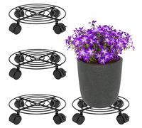 MUKLEI Lot de 4 support a roulette plante, support pot de fleur roulette ronds en métal de 27 cm de diamètre avec roues verrouillables pour intérieur et extérieur, noir