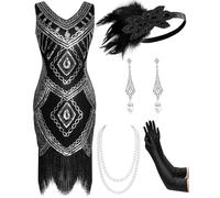 Mukum Robe garçonne années 1920 sans manches à col en V pour femme avec ensemble d'accessoires des années 20 - Tenues des années 1920 pour femmes - Noir argenté - Taille XXL