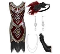 Mukum Robe garçonne années 1920 sans manches à col en V pour femme avec ensemble d'accessoires des années 20 - Tenues des années 1920 pour femmes - Rouge doré - Taille XL