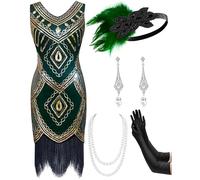 Mukum Robe garçonne années 1920 sans manches à col en V pour femme avec ensemble d'accessoires des années 20 - Tenues des années 1920 pour femmes - Vert doré - Taille S