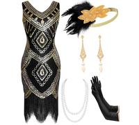Mukum Robe garçonne des années 1920 sans manches à col en V pour femme avec ensemble d'accessoires des années 20 - Tenues des années 1920 pour femmes - noir et doré, taille XS
